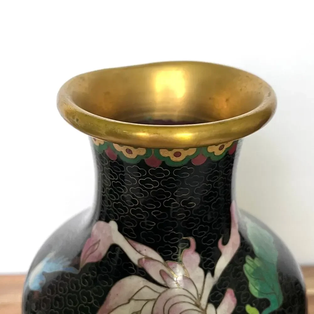 Vintage Chinese Cloisonne Lotus Flower Floral Botanical Bird Vase 10